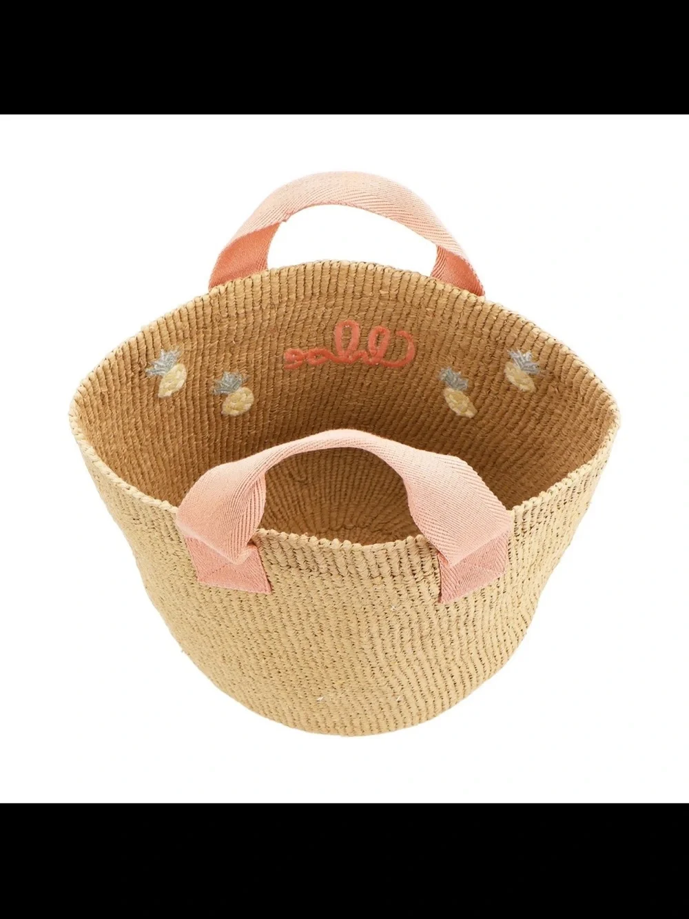 Chloe Woven Straw Tote with Pink Handles and Pineapple Motif
